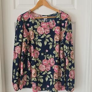LuLaRoe Navy Blouse with Pink and Green Floral Design Button Back